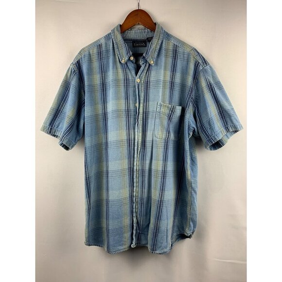 Basic Editions Mens XL Plaid Short Sleeve Button-Down Shirt Blue & Yellow - Picture 1 of 5